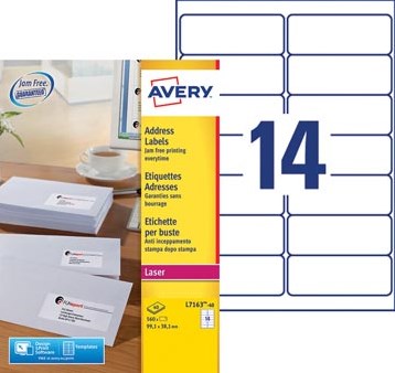 AVERY etiketten L7163 99,1 x 38,1mm 14 etiketten per vel wit doos 40 vel