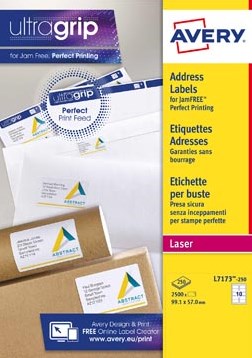 Avery witte laseretiketten ft 99,1 x 57 mm, 2500 stuks, 10 per vel