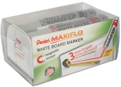 Whiteboard stiften Pentel Maxiflo set van 4 kleuren (blauw rood groen en zwart) + bordwisser