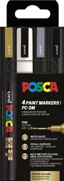 Posca stiften PC-3M, 1,5 mm, etui van 4 stuks in goud, wit, zilver en zwart