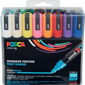 Posca stiften PC-5M verfstiften geassorteerde kleuren etui 16 stuks zwart