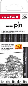 Uni Pin fineliner gekalibreerde punten zwart 0,1-0,3-0,5-0,7-0,9 mm blister van 4 + 1 gratis