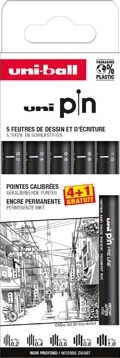 Uni Pin fineliner gekalibreerde punten zwart, 0,2-0,4-0,6-0,8-1,0 mm blister van 4 + 1 gratis