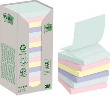 Post-it recycled Z-notes 100 vel 76 x 76 mm assorti pak van 16 blokken