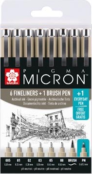 Sakura tekenstift Pigma Micron set van 7+1, zwart