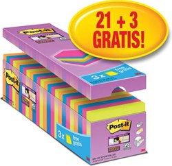 Post-it super Sticky notes, 90 vel, ft 76 x 76 mm, geassorteerde kleuren, pak van 21 blokken + 3 gratis