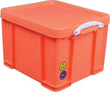 Opbergbox Kunststof 35 Liter Neon Oranje Really Useful Box met Witte Handvaten