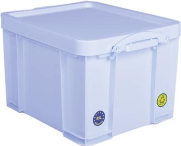 Kunststof opbergdoos 35 liter neon wit Really Useful Box met witte handvaten