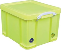 Opbergbox kunststof 35 liter Really Useful Box neongeel met witte handvaten