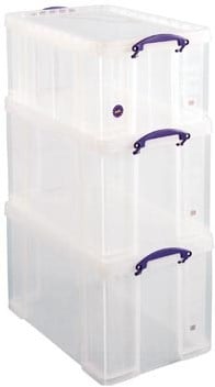 Stevige opbergbox met deksel Really Useful Box, 2 x 84 liter + 1 x 64 liter, Transparant