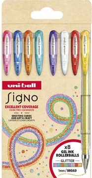 Uni-ball roller Signo Glitter, pointe large, geassorteerde kleuren, etui van 8 stuks