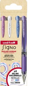 Uni-ball roller Signo Broad Creative, brede punt, etui van 4 stuks: roze, wit, blauw, paars