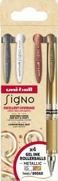 Uni-ball roller Signo Broad Creative, brede punt, etui van 4 stuks: zilver, wit, brons, goud