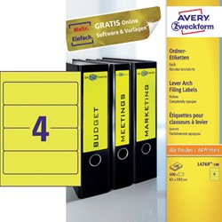 Avery Printbare rugetiketten Block Out, Smal ft 19,2 x 6,1 cm, doos van 100 blad, 400 stuks, geel