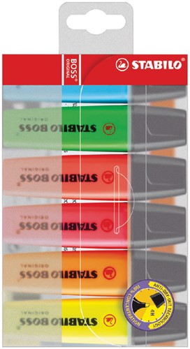 Markeerstift Stabilo Boss Original plastic etui van 6 stuks: geel, groen, oranje, roze, blauw en rood