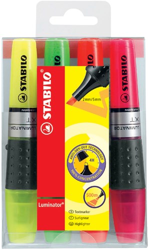 Stabilo Markeerstift Luminator etui van 4 stuks in geassorteerde kleuren: geel, groen, oranje en roze