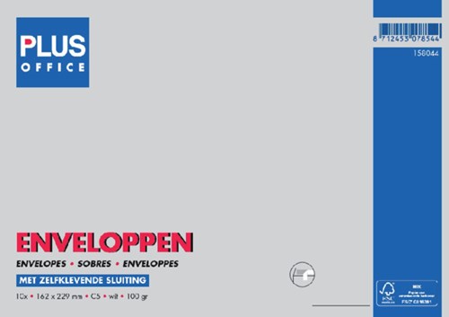 Envelop Plus Office 162x229 mm zonder venster met plakstrip pak van 10 stuks wit 50x stuks