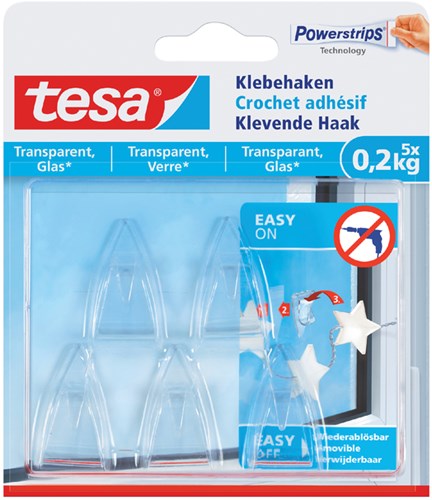 Tesa klevende Haak voor Transparant en Glas draagvermogen 200 g blister van 5 stuks