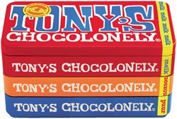 Chocolade Tony's Chocolonely reep 180gr in blik puur-melk en karamel zeezout