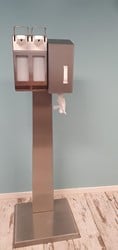 Alcohol dispenser op standaard RVS met dubbele dispenser en poetsrol