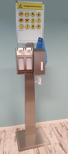 Desinfectiezuil-rvs-dubbele-dispenser-voor-alcohol-waarschuwingsbord