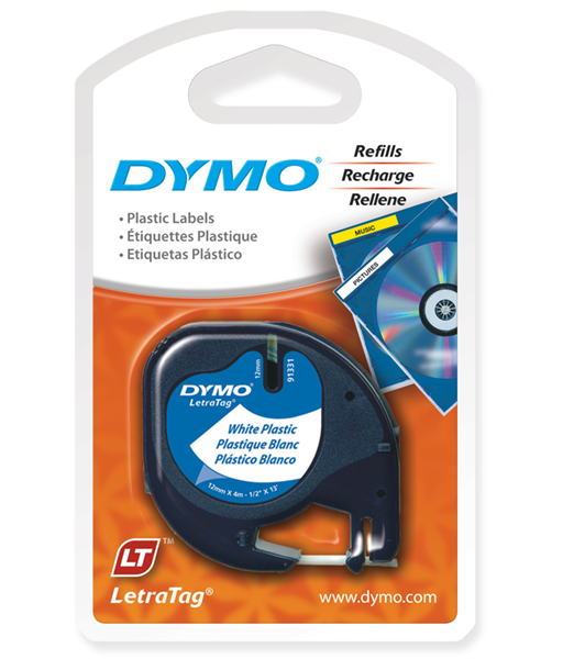 Dymo LetraTag tape 91201 12mm zwart op wit plastic
