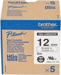 Brother HGE-131V5 zwart op transparante labeltape 12mm High Grade